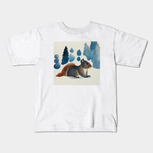 Squirrel in snow with Winter Pine Trees, Outdoors Winter Vibes, Kids T-Shirt